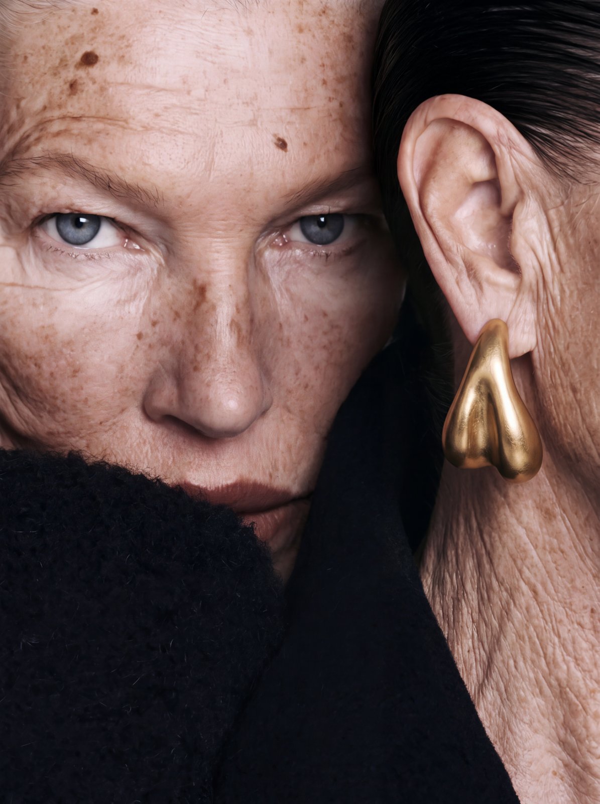 Portrait of an older woman with freckles, wrinkles and real skin texture, directed to preserve age rather than correct it